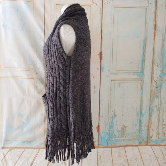 CAbi fringe pocket cable knit open front cardigan duster sweater/XS/gray - Picture 3 of 10